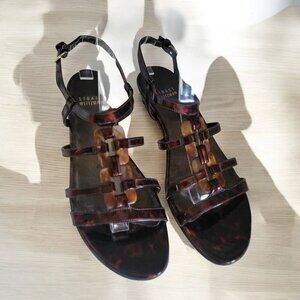 Stuart Weitzman Tortoise Shell Patent Leather Strappy Ankle Strap Sandals- 7M